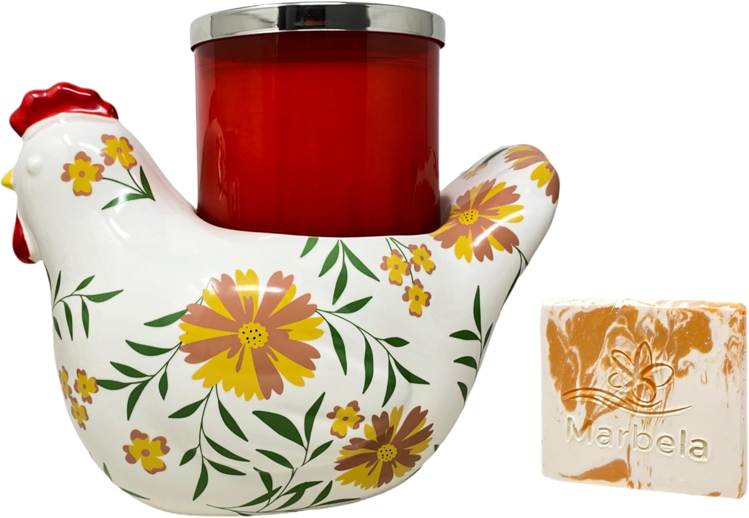 Bath & Body Works Floral Chicken Pedestal 3-Wick Candle Holder with a Peach Gardenia Sample Soap