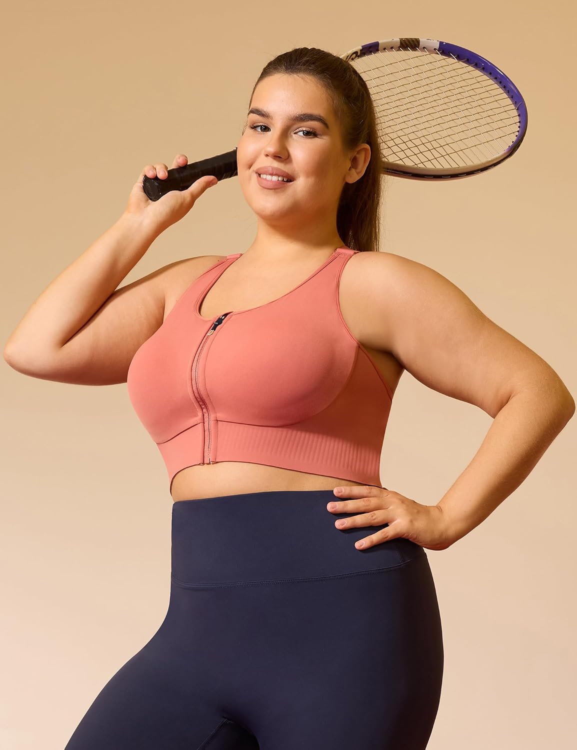 Cordaw Front Zipper Plus Size Sports Bra for Women, High Impact Racerback with Fixed Cup for Running Gym