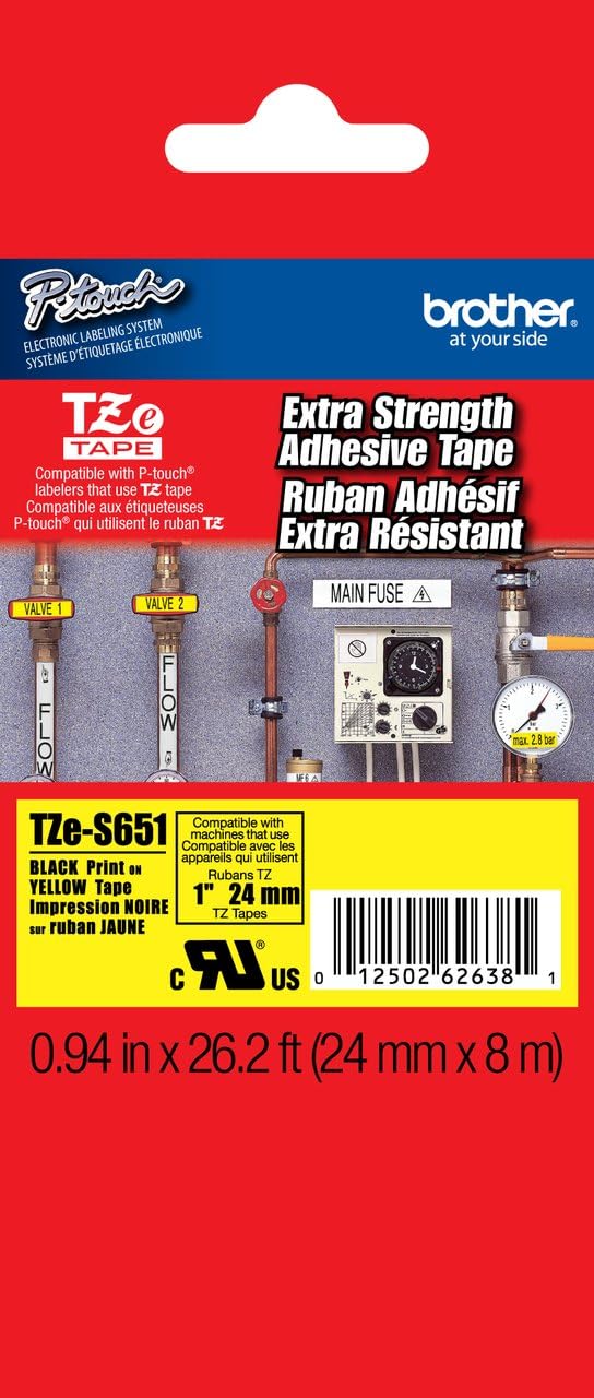 Brother 1" (24mm) Black Print on Yellow Extra Strength Adhesive P-Touch Tape for Brother PT-2700, PT2700 Label Maker