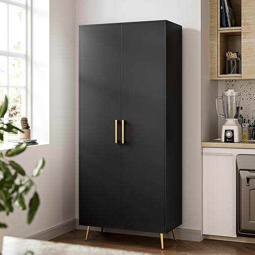 69” Tall Storage Cabinet - Black Storage Cabinet w/ 2 Doors and Adjustable Shelves, Freestanding Kitchen Pantry w/Gold Handles and Legs, Wooden Storage Cabinet for Bedroom, Laundry
