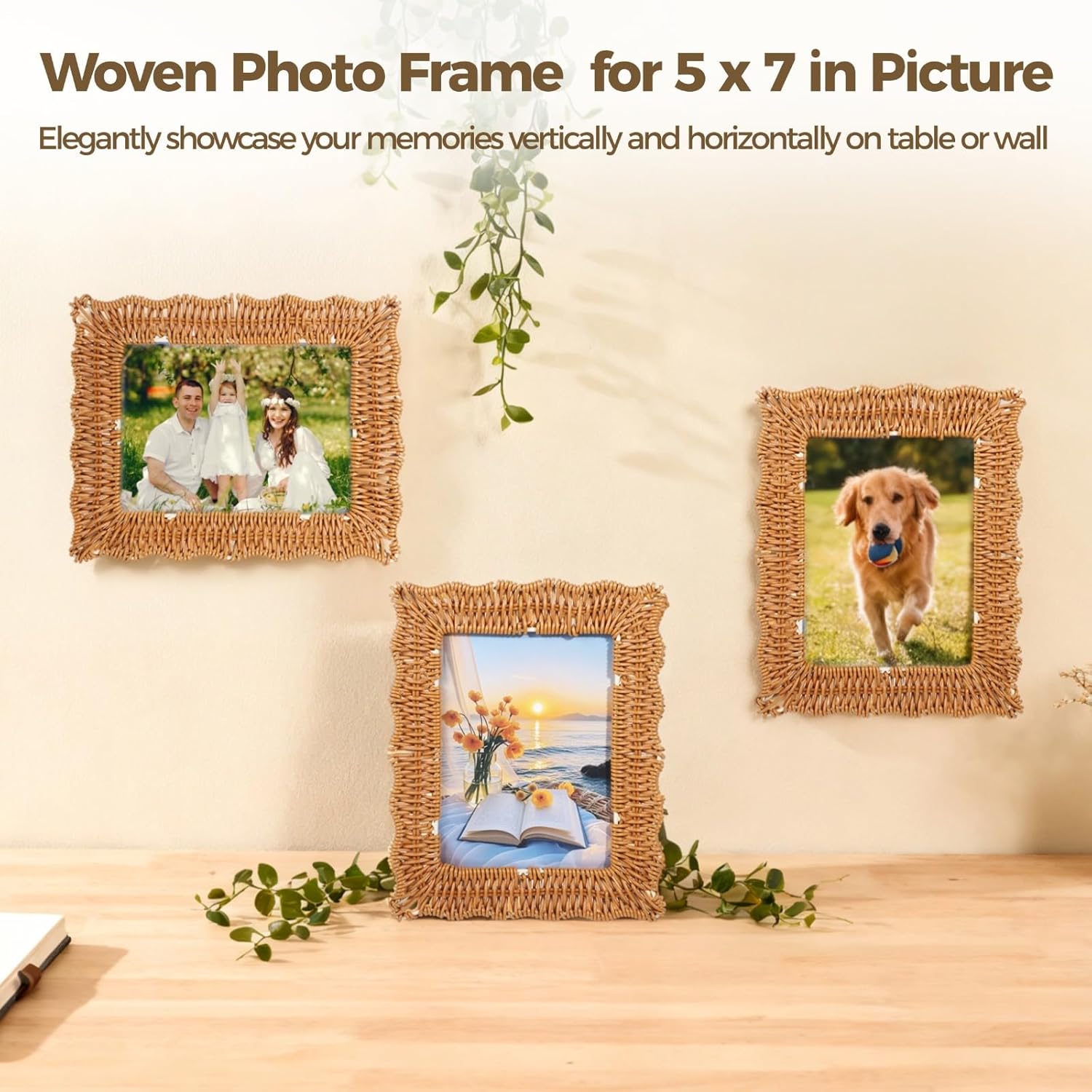 3 PCS Scalloped Picture Frame, 5 x 7 Inch Wicker Weave Rattan Photo Frame, Handmade Woven Rattan Picture Frame, Boho Farmhouse Style Tabletop or Hanging Display for Many Home Decor Style (5X7)