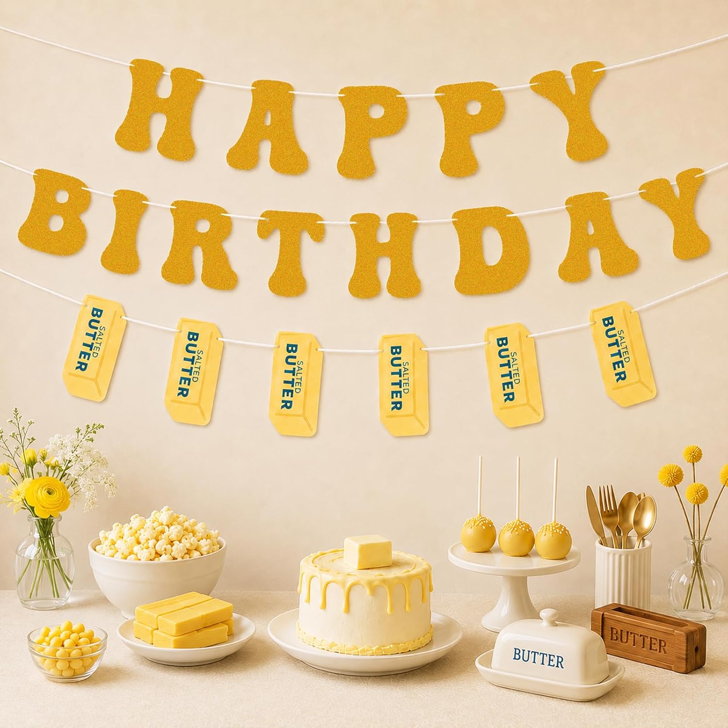 2 Pcs Butter Happy Birthday Banners Set, Salted Butter Party Decorations, Funny Yellow Food Themed Garlands for Butter Lover Party Photo Backdrop Supplies Birthday Hanging Decor image 5
