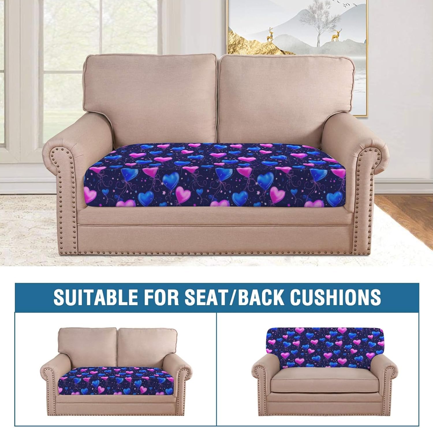 Dark Neon Heart Balloon Loveseat Covers Couch Covers for 2 Cushion Couch, 2-Piece Stretch Sofa Slipcovers Anti-Slip Washable Furniture Protectors for Dogs Pets