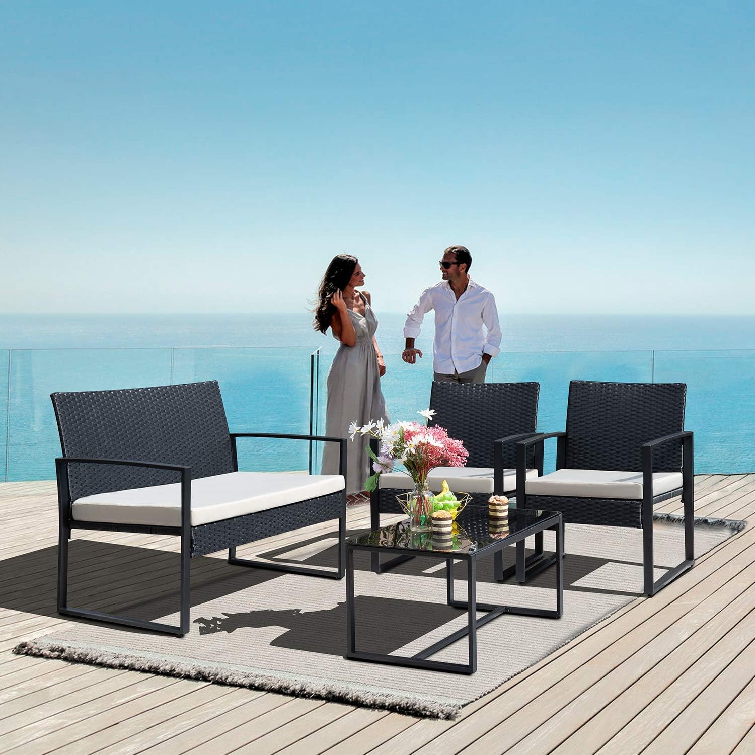 Tuoze 4 Pieces Patio Furniture Set Outdoor Patio Conversation Sets Modern Porch Furniture Lawn Chairs with Glass Coffee Table for Home Garden Backyard Balcony (White) : Patio, Lawn & Garden