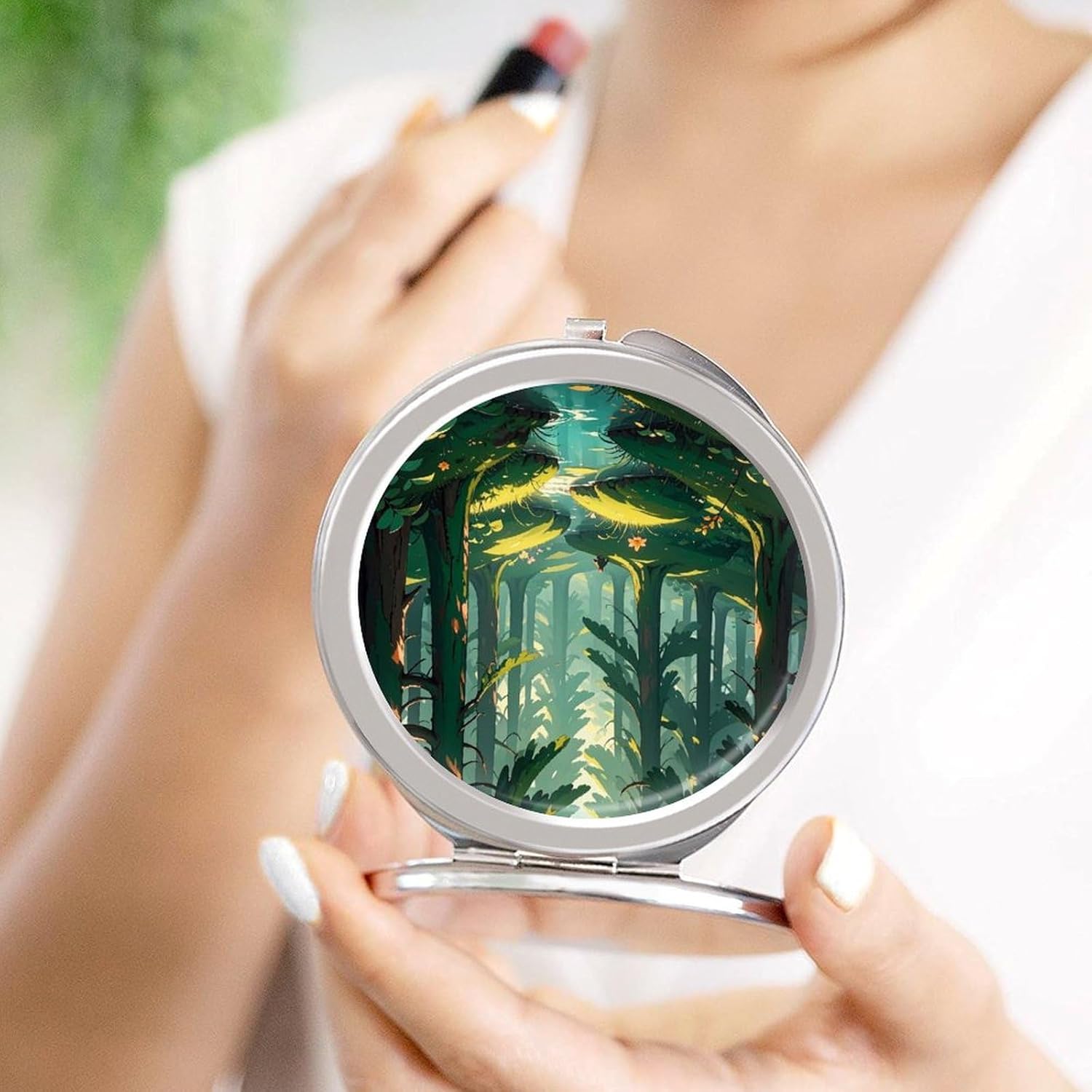 Enchanted Wilderness Fantasy on Dark Green Portable Makeup Mirror, Sided Travel Hand Mirror Mini Folding Mirror for Precise Makeup Women Daily Use