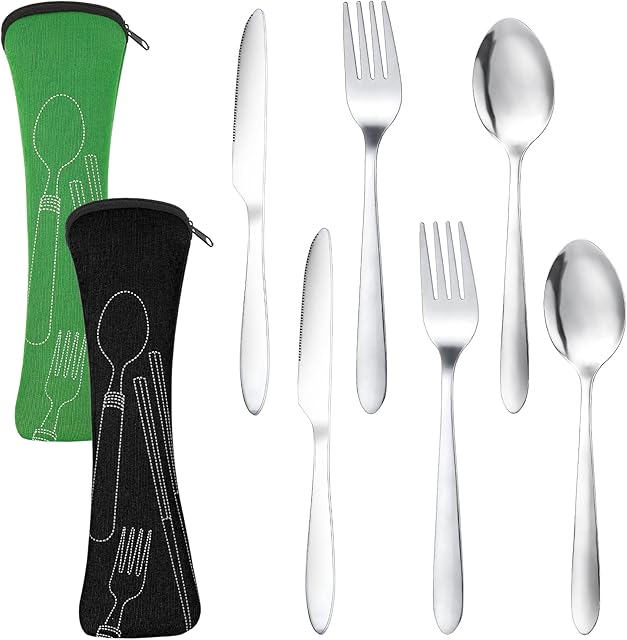 Dacitiery 2 Set Camping Cutlery, Stainless Steel Cutlery Set with Bag, 6-piece Camping Set with Bag for Outdoor Travel Picnic Office School Lunch Box
