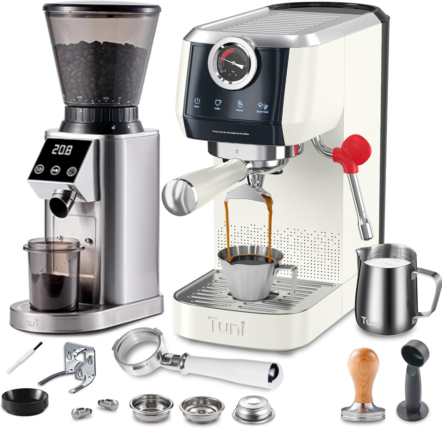 Tuni E2 58mm Espresso Machine with G1 Silver Conical Burr Coffee Grinder and Bottomless Portalfilter Set