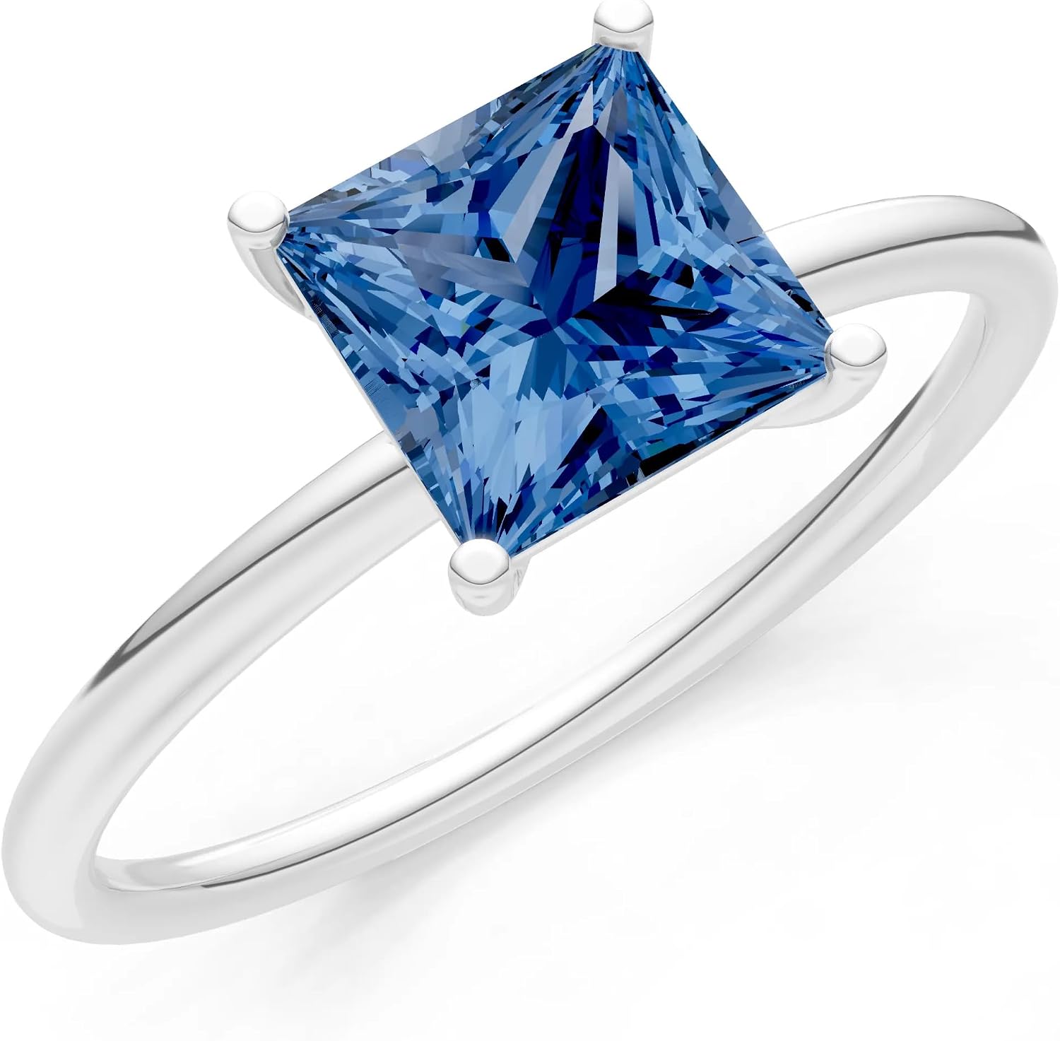 PEORA Princess Cut Cut London Blue Topaz Classic Band Available in Solid 10K, 14K or 18K Ring – White, Yellow or Rose Gold