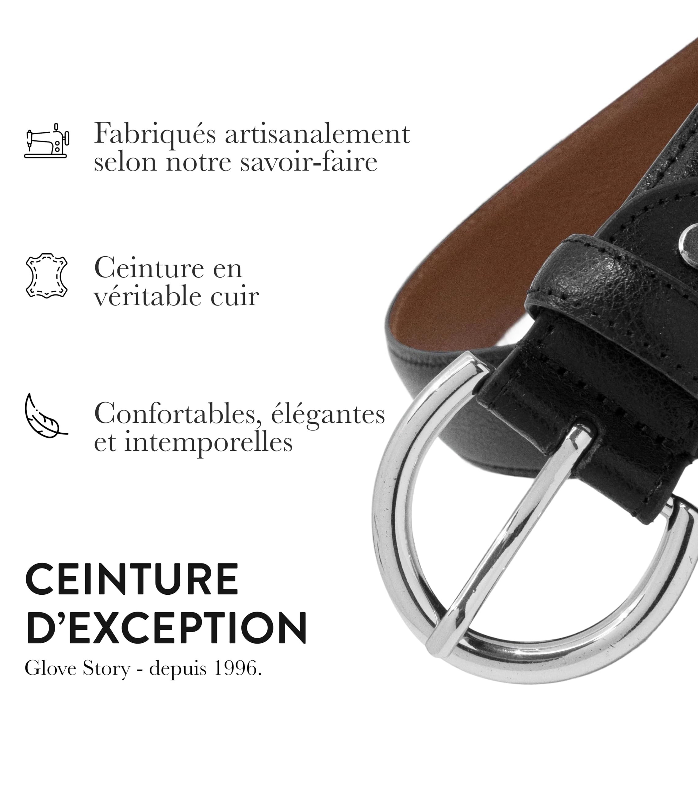 GLOVE STORY Ceinture Femme en Cuir - Boucle Métal Élégante Style Habillé - Coffret Cadeau Accessoire Mode Haut de Gamme pour Jean, Tailleur Costume et Pantalon - Largeur 35mm