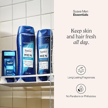 Suave Men Everyday Essentials Refreshing Body Wash, Ocean Charge 2-in-1 Shampoo & Conditioner + Antiperspirant Deodorant