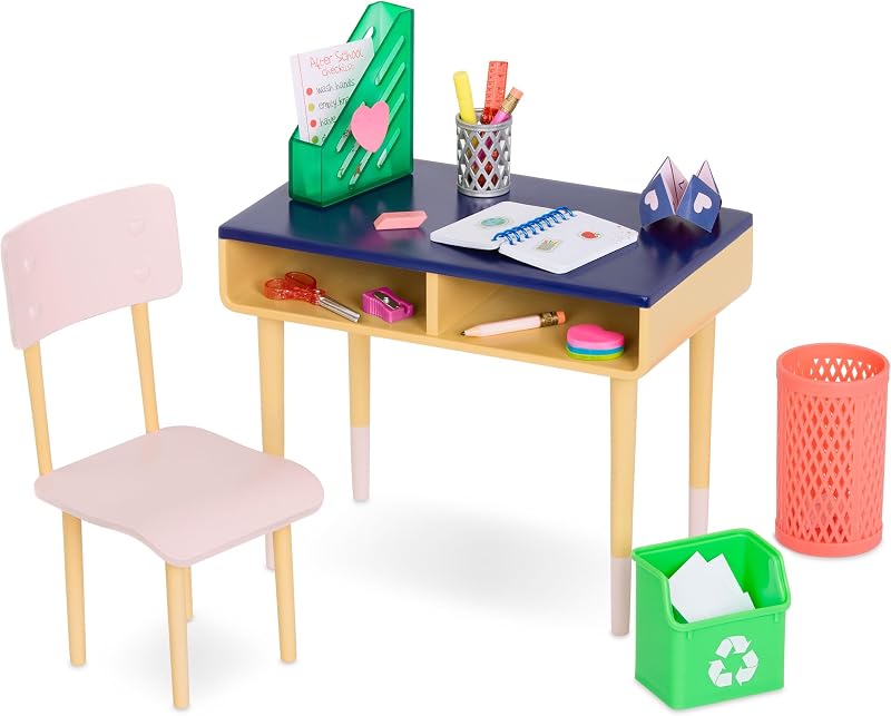 Brilliant Bureau Desk Set for 18-Inch Dolls Home, Home Desk | 18-piece desk and chair set with school accessories, stickers, recycling bin, and waste basket for 18-inch dolls, 3+ Years