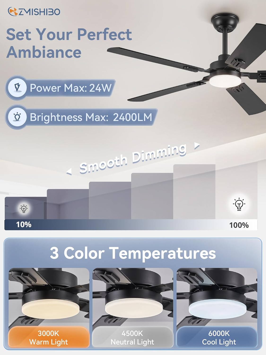 ZMISHIBO 52" Ceiling Fans with Lights, Black Modern Ceiling Fan with Remote, Farmhouse Indoor Ceiling Fan with Dual Finish Blades, Quiet & Strong Motor, Bright LED Light. - Image 3