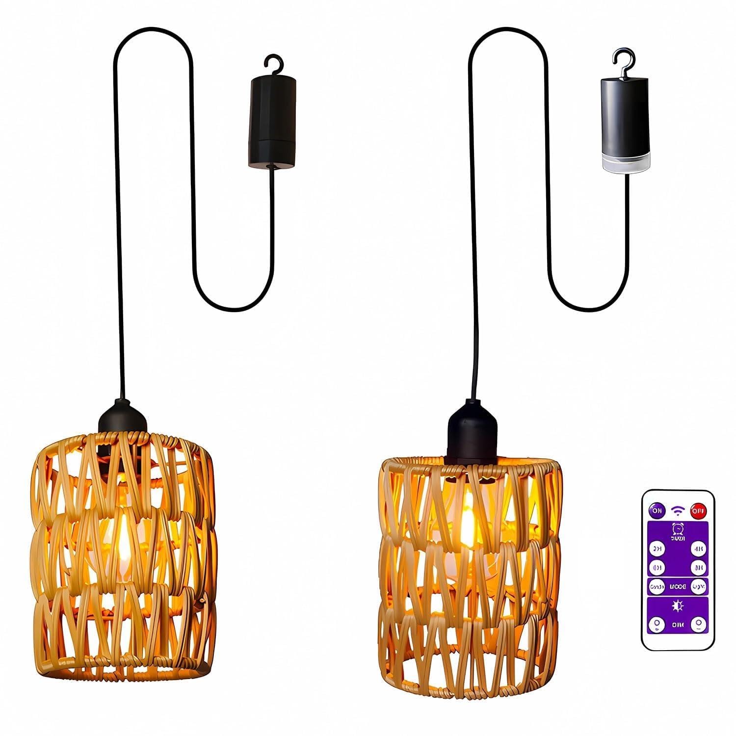 KXEcoLife Battery Operated Pendant Light with Remote-Battery Chandelier Handwoven Rattan, Hanging Light,for Porch Patio Backyard Indoor Kitchen, Powered by 4*AA Batteries(2Pack)
