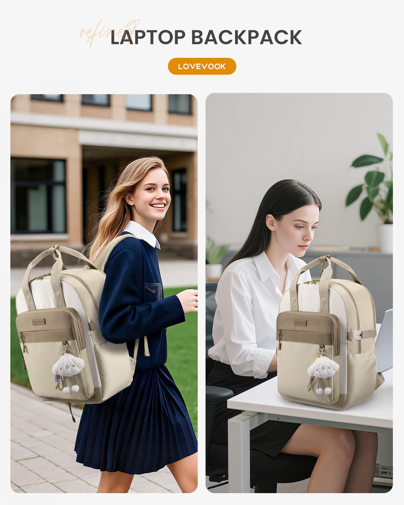 LOVEVOOK Plecak na laptopa damski, plecak roboczy, plecak szkolny, nastolatek, Beżowy + khaki z pluszową zawieszką, 17,3 Zoll, Casual