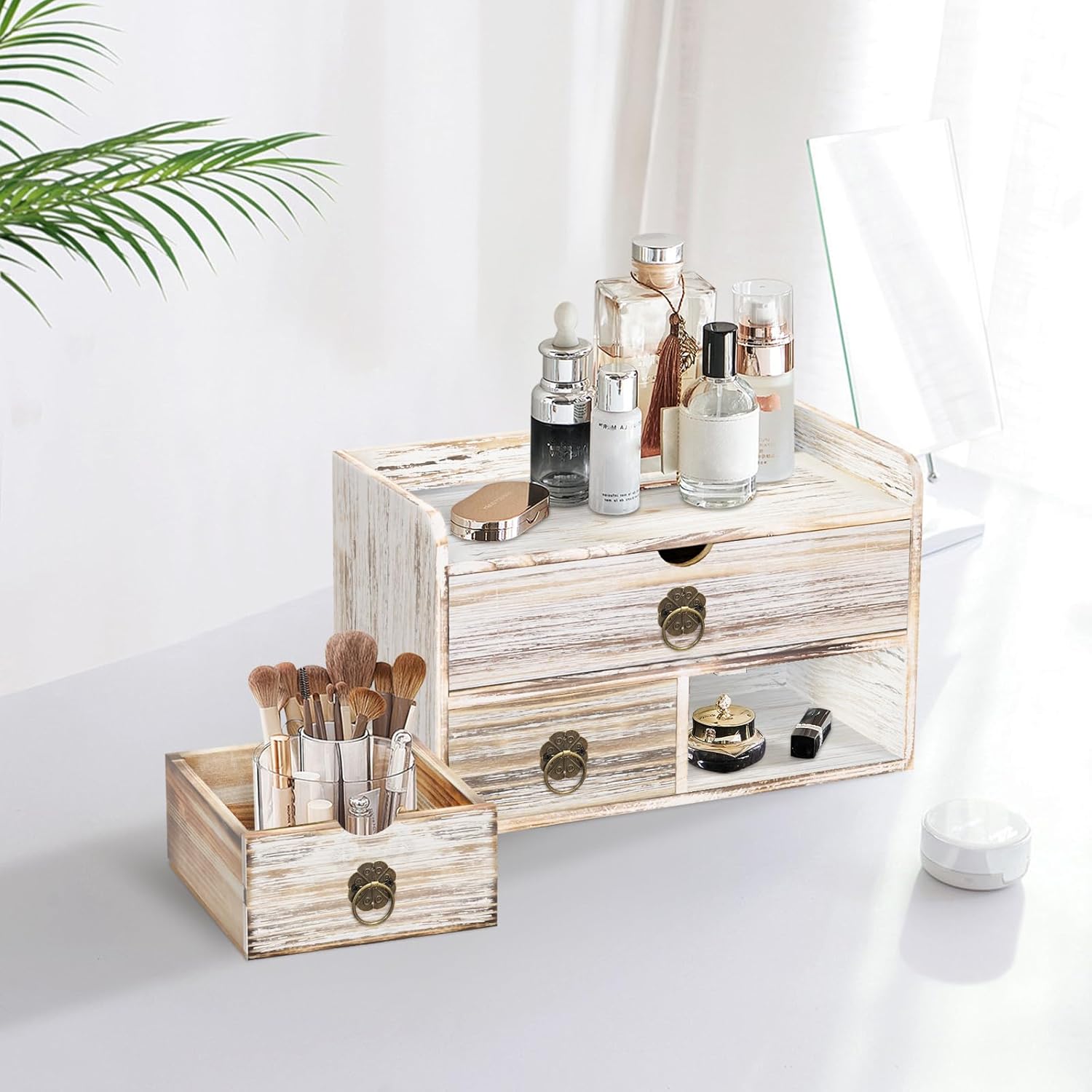 Wood Desk Organizer with Drawer, Vintage Brown Wooden Desktop Organizer, Tabletop Storage Organization Box for Countertop, Home Office Supplies, 13.5x6.6x8.2 Inch(3 Drawer and Shelf)