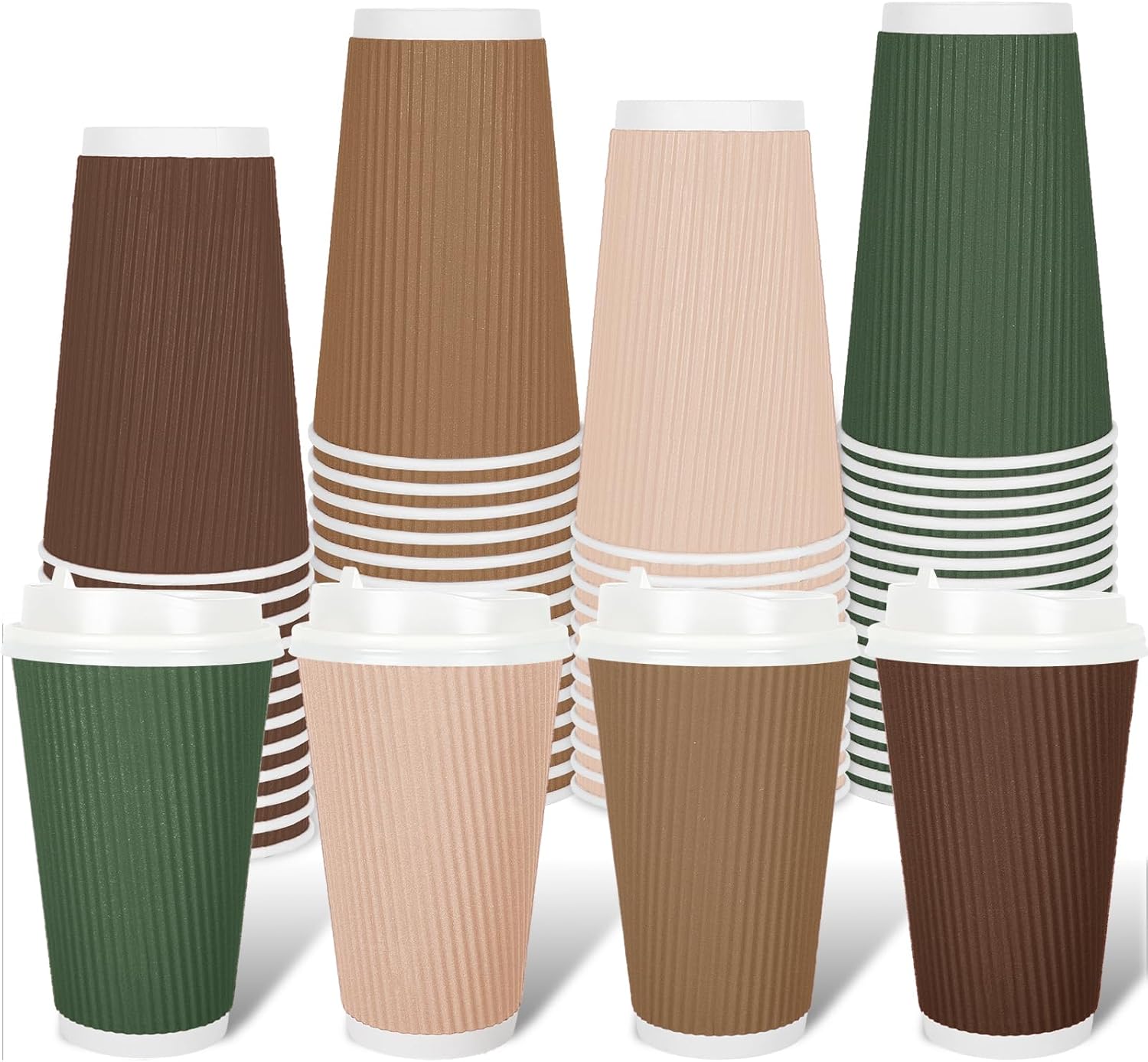Whaline 100Pcs Woodland Themed Disposable Coffee Cups with Lids 16oz Brown Green Paper Cup Corrugated Ripple Wall Insulated Hot Cup for Home Office Party Supplies