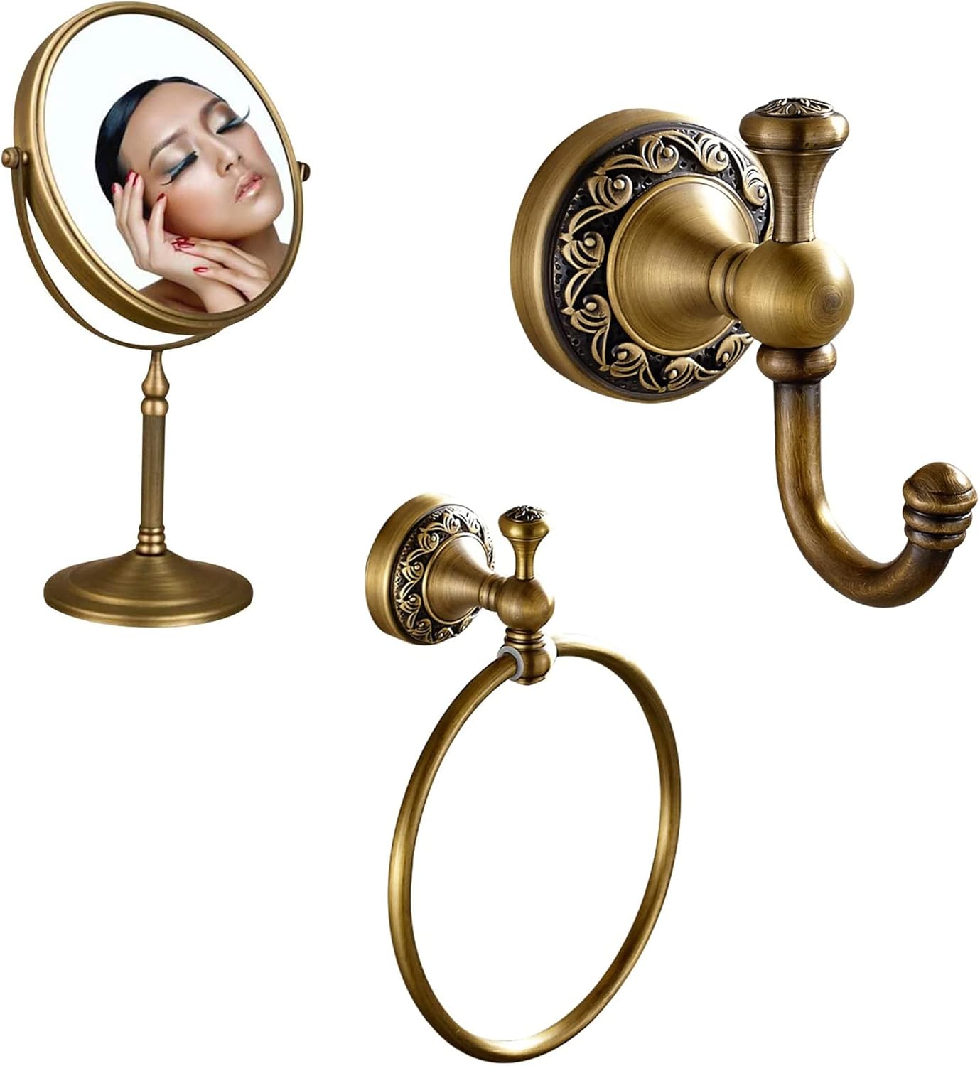 Leyden Antique Brass Makeup Mirror,Towel Hook Towel Ring Bathroom Hardware Accessories