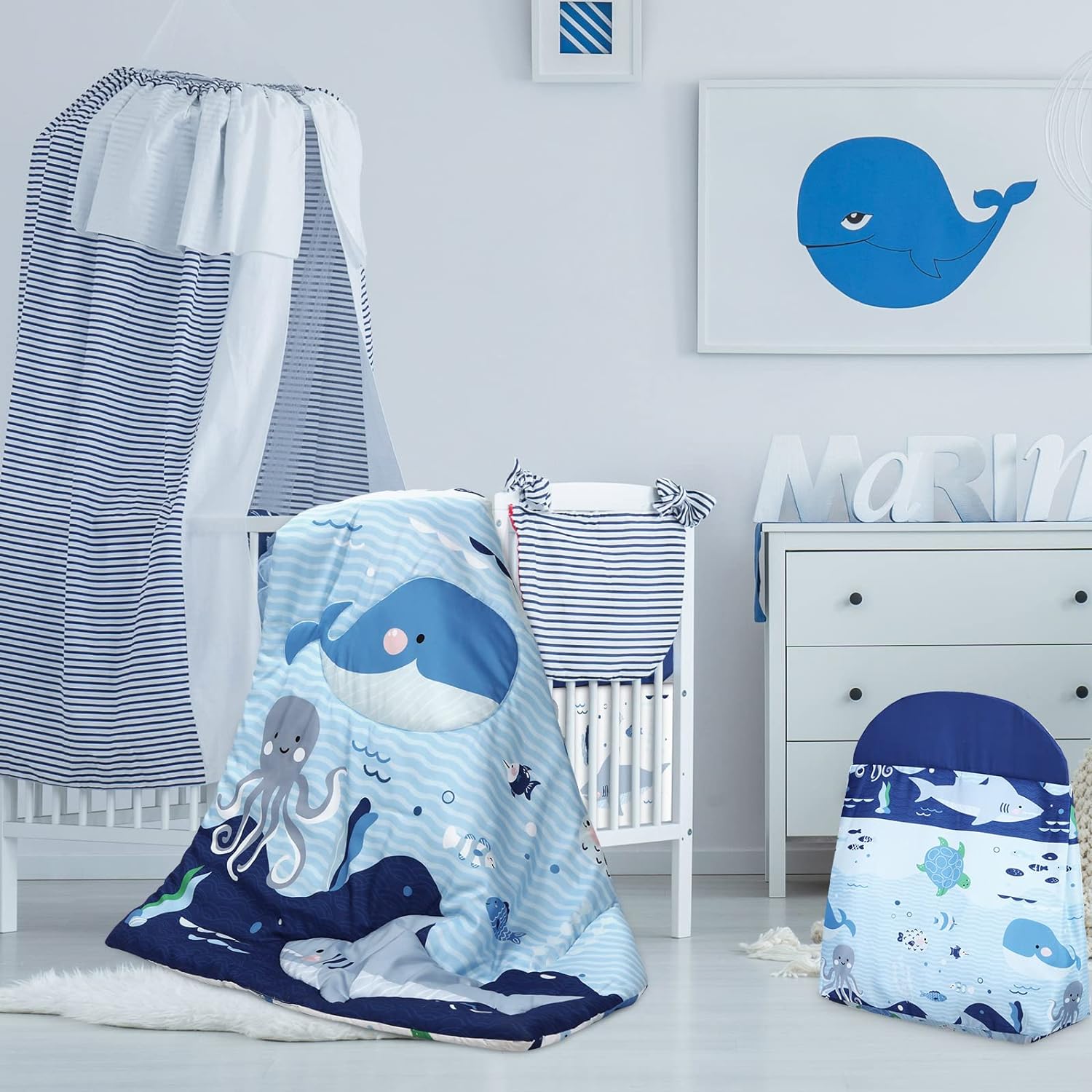 Rtteri 4 Pieces Baby Crib Bedding Set, Nursery Bedding Standard Size Soft Baby Bedding Set Including Crib Skirt, Blanket, Sheet and Diaper Stacker for Girls and Boys(Whale)