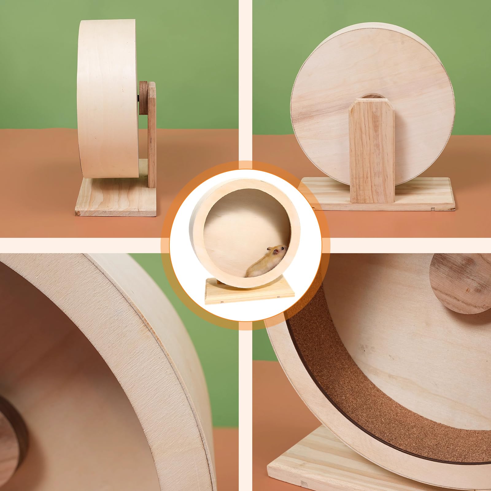 Hamsterrad Holz 25 cm, Leise Laufrad für Hamster mit Korkstreifen und Standfuß für Hamster, Chinchillas, Mäuse und Kleintiere, Sicher und Stabil für Käfigtraining
