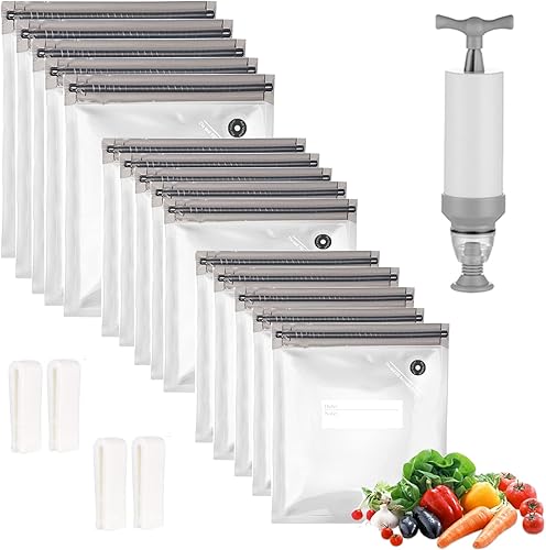 Sous Vide Bags - Paquete de 20 bolsas reutilizables al vacío para almacenamiento de alimentos con 3 tamaños, 1 bomba de mano, 4 clips de sellado