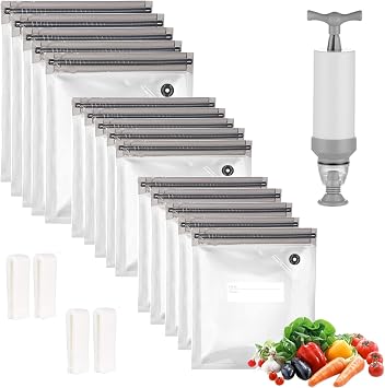 Sous Vide  anta 20 paket Yeniden Kullan labilir Vakumlu G da Saklama Torbalar , 3 Boyutlu Vakumlu G da Torbalar , 1 El Pompas , G da Saklama ve Sous Vide Pi irme i in 4 S zd rmazl k Klipsi Gri Kit