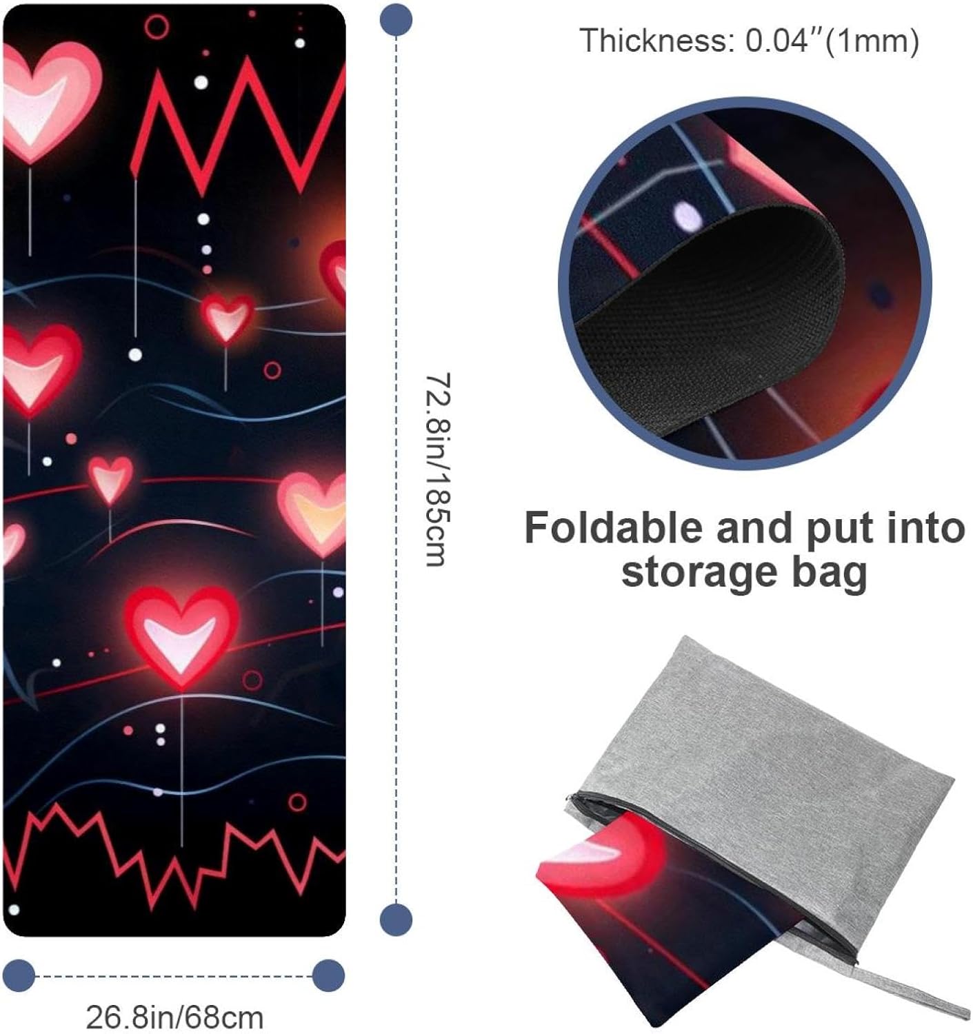 Yoga Towel, Love Heart Pattern Non Slip Sweat Absorbent Hot Yoga Mat Towel for Hot Yoga, Pilates and Fitness - 72.8" x 26.8"