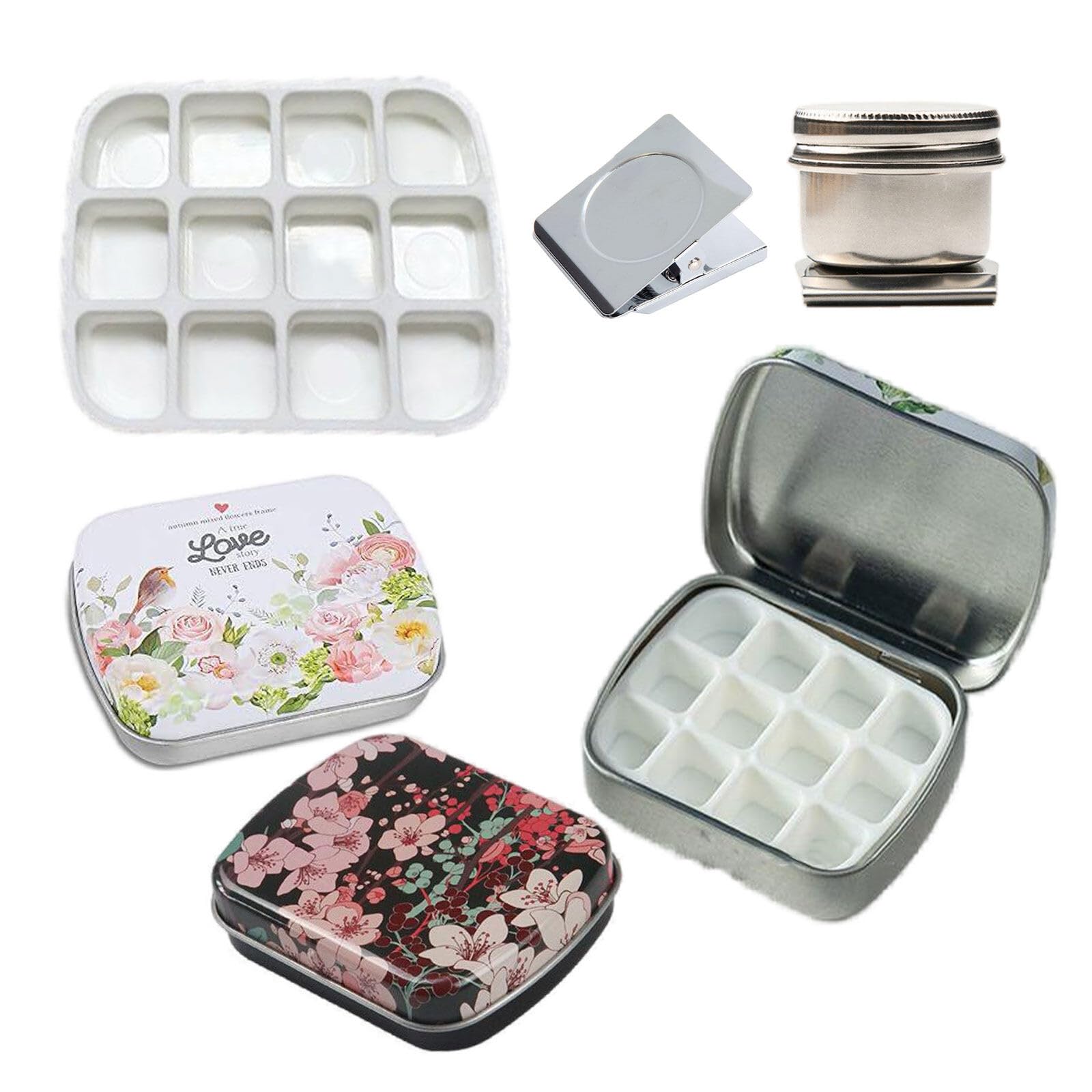 LdawyDE Juego de 2 minicajas de acuarela vacías con 12 y 24 huecos, miniset de almacenamiento de pintura al agua, para viajes, acuarela, pintura al óleo, con clip magnético y olla de aceite