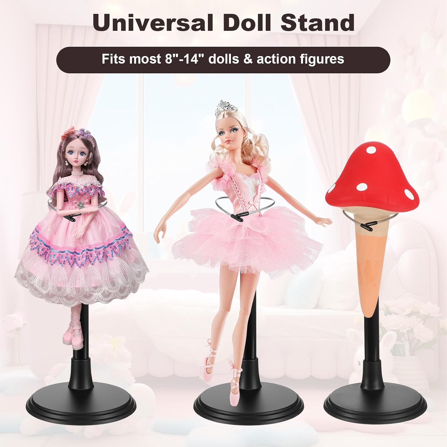 12-Piece Adjustable Doll Stands for 8-14 Inch Dolls & Action Figures - Retractable Waist Clip Display Set for Home, Store, Party (Black)
