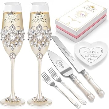 Wedding Cake Cutting Set with Crystal Champagne Flutes Glasses | Handcrafted Champagne Glasses, Petal Rhinestones, Elegant Cake Knife and Gift Box for Couples, Wedding Registry Must Haves