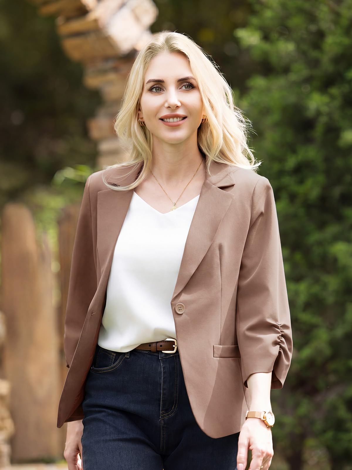 Blazer Femme Élégant Business Décontracté Manches 3/4 Froncées 1 Bouton Col à Revers Veste de Bureau avec Poches