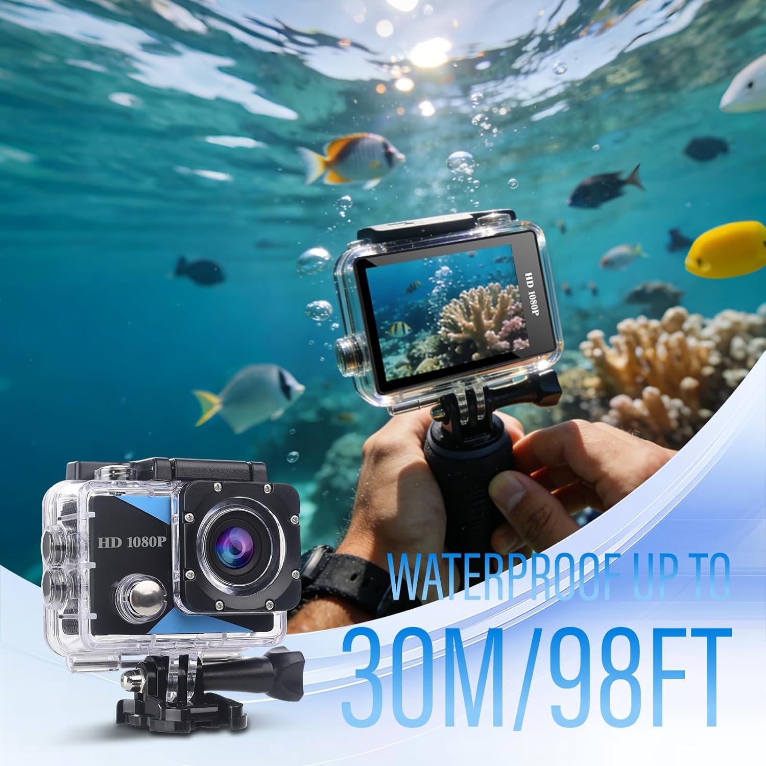 Action Camera Wide Angle 1080P Sports Camera 32GB Memory Card Action Cam 131ft Underwater Waterproof with 2 X Batteries with Accessories Kit Suitable for Helmet, Bicycle, etc.