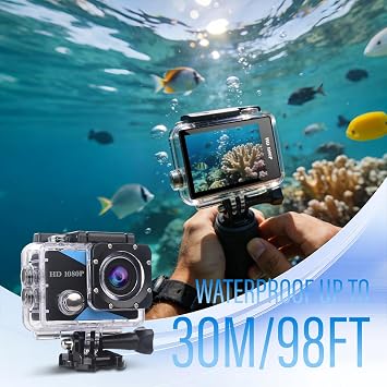 Waterproof Action Camera 1080P HD Sports Cam with 2 LCD Screen | 30m diving case, two rechargeable batteries, complete mounting kit for cycling, snorkeling & daily vlog shooting