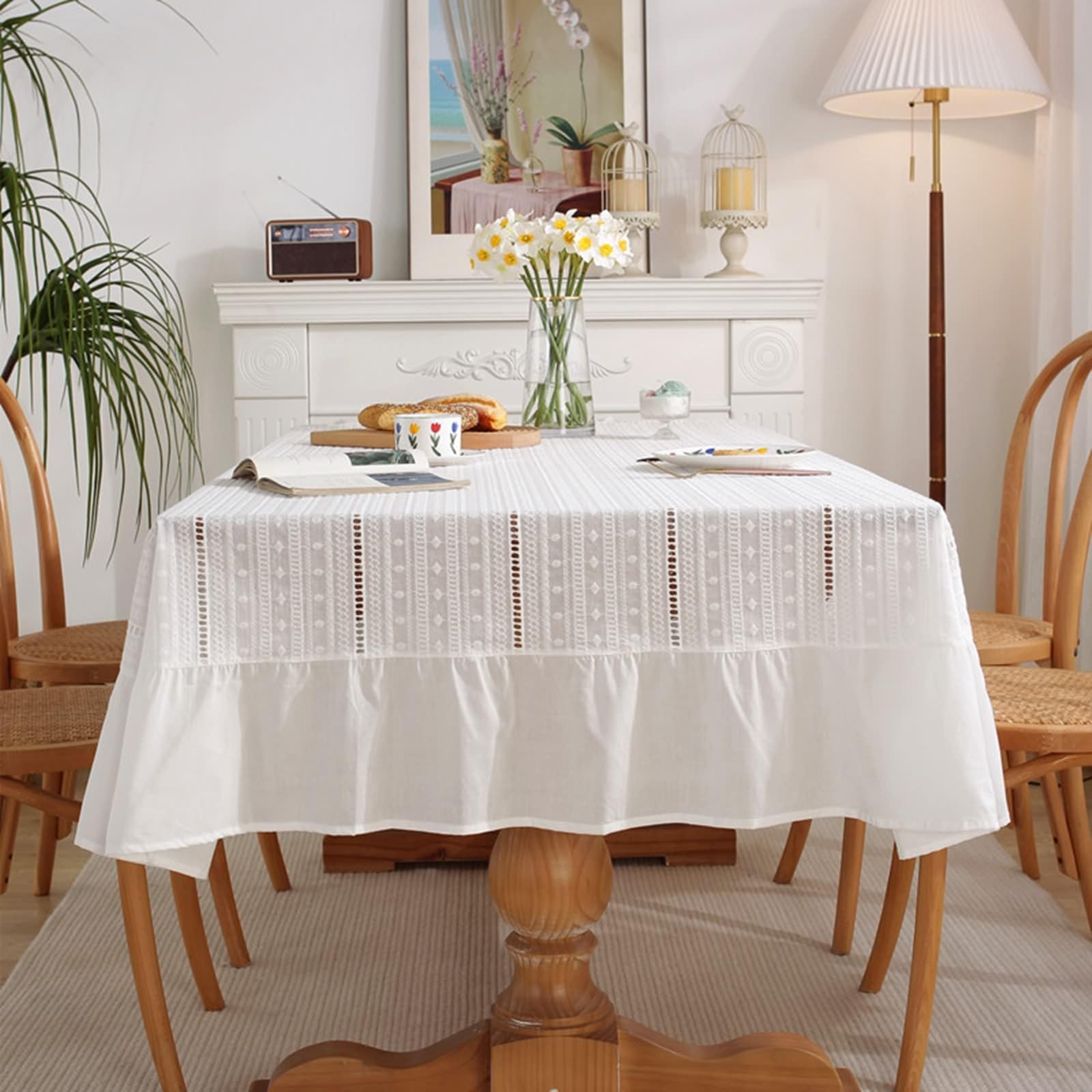 Nappe Rectangulaire 150x300cm en Coton Blanc Beydodo à Volant