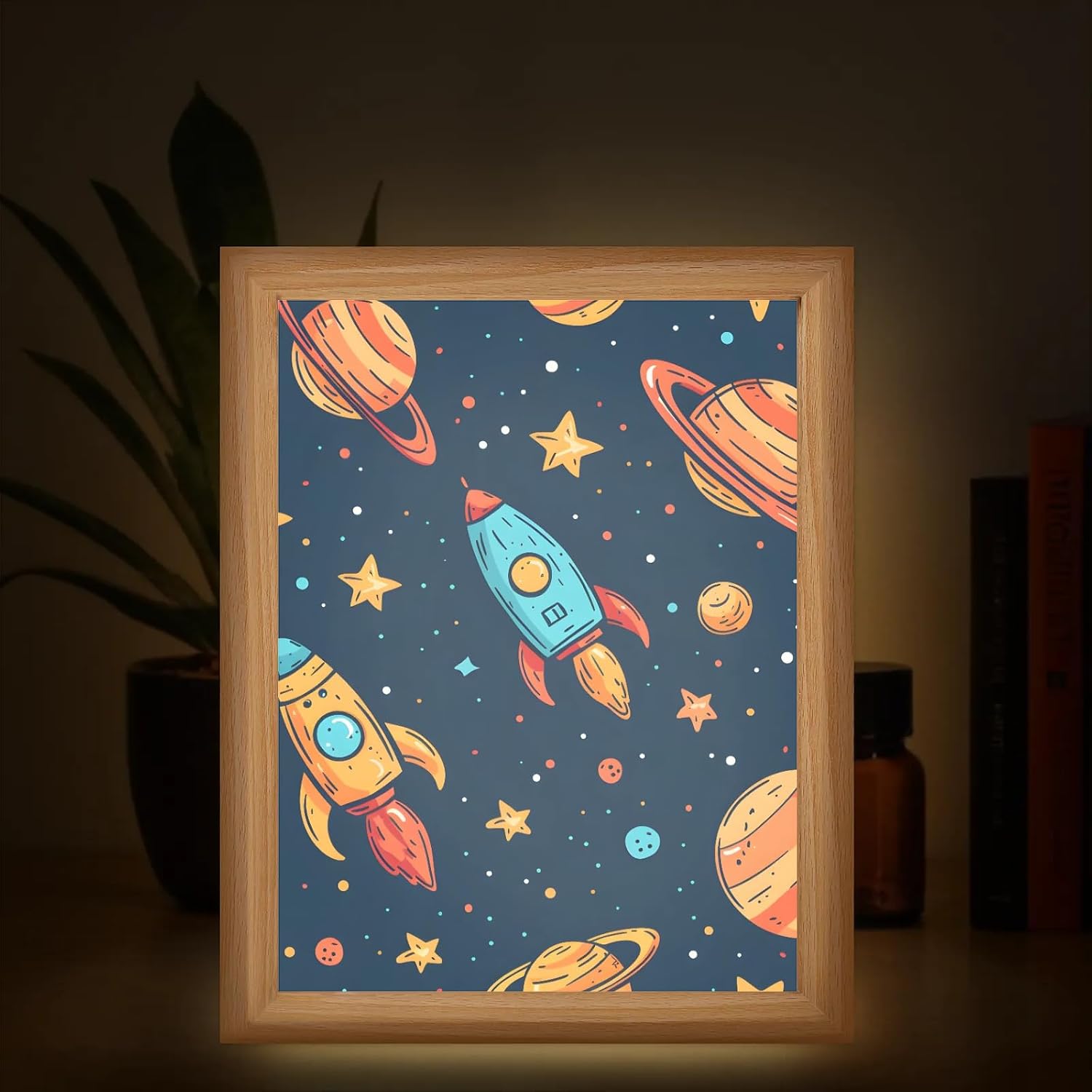 3-Color Dimmable LED Table Lamp Light Up Picture Frame Adjustable Night Light, Wall Art for Bedroom, Office, Home Decor Ideas Gift Rocket Space Planet