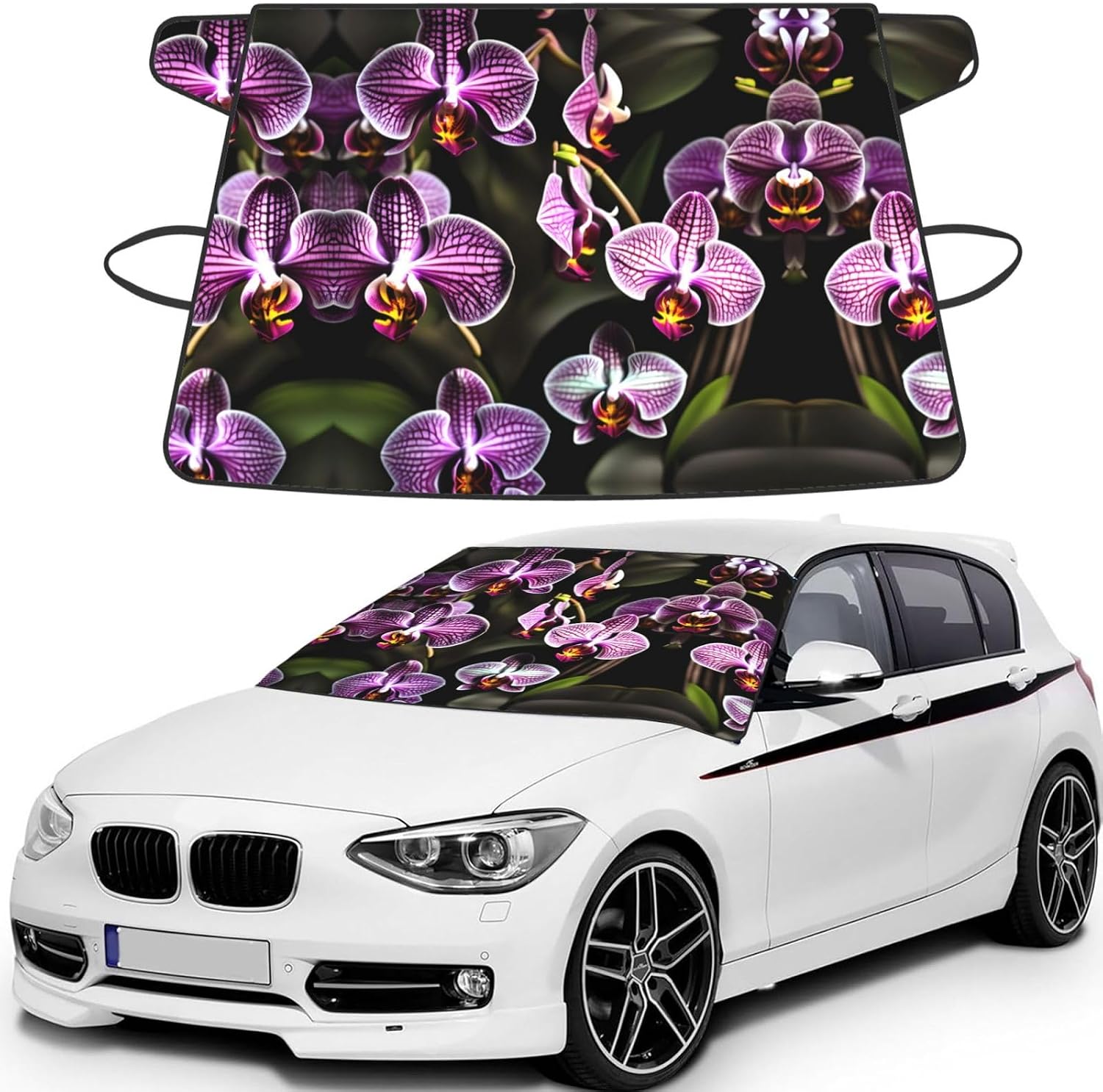 Purple Orchids Print Print Car Cover for Snow All-Season Windshield Cover with Elastic Strap Fits Most Cars and Trucks