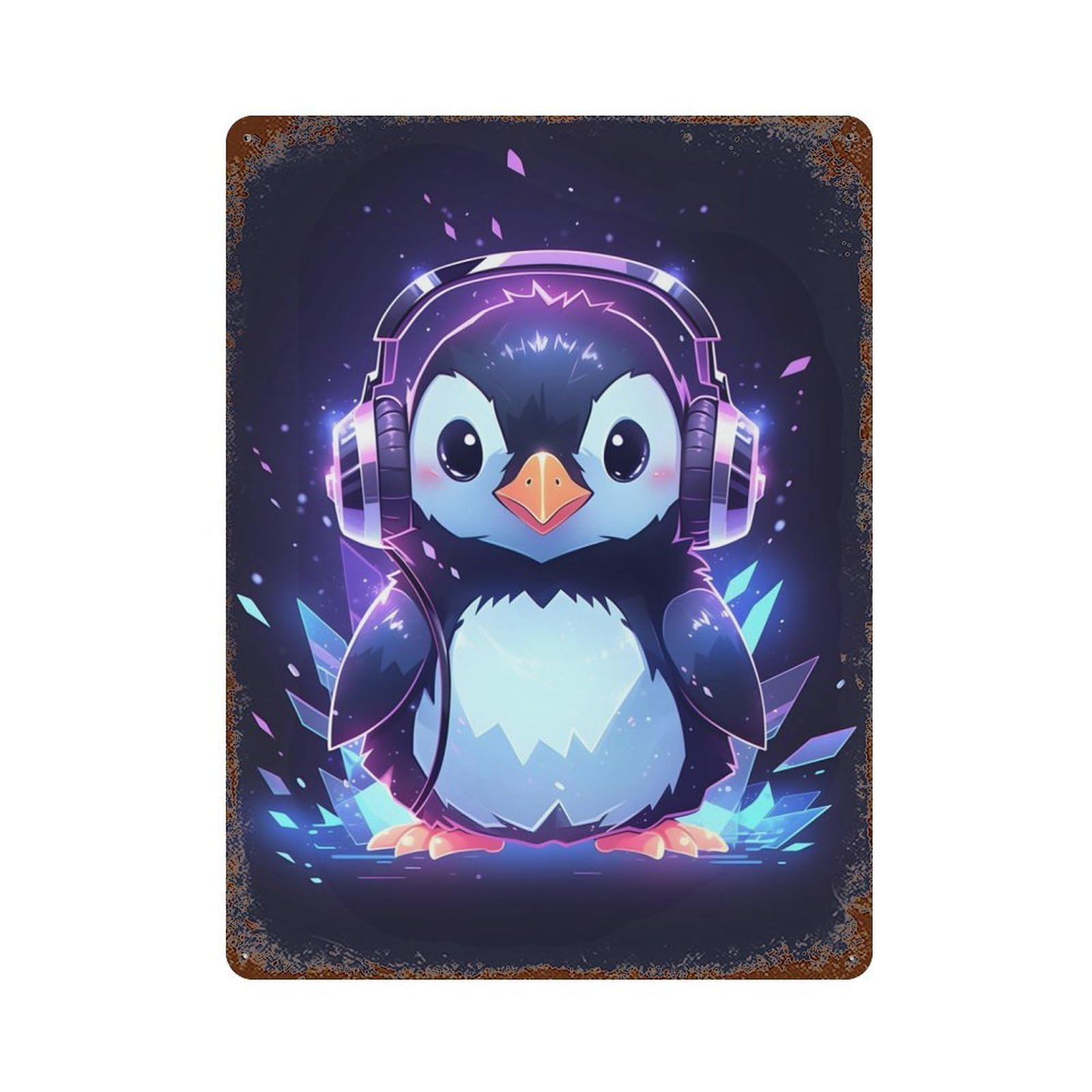 Garage Style Ice Penguin Headphones Aged Metal Wall Plaque 15.7"x11.8", Farmhouse Wall Decor for Bar And Workshop
