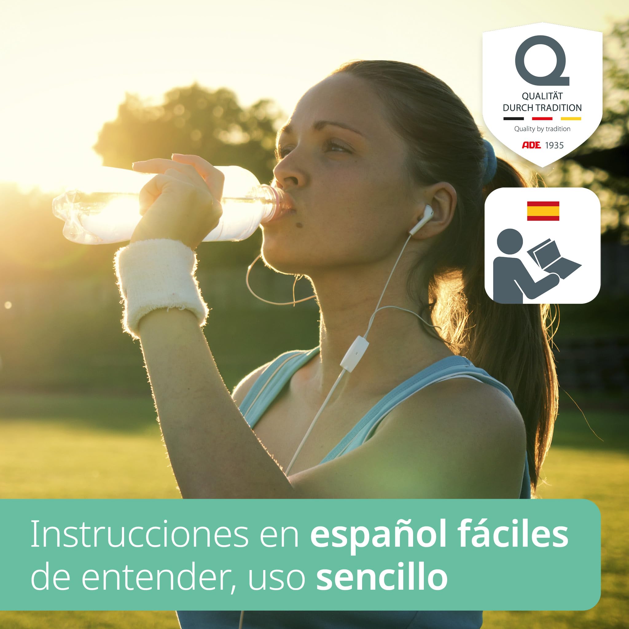ADE Báscula corporal digital sin pilas | con dinamo respetuoso al medio ambiente | resultados de pesaje precisos en pasos de 100 g | superficie de pesaje de auténtica madera de bambú | hasta 150 kg
