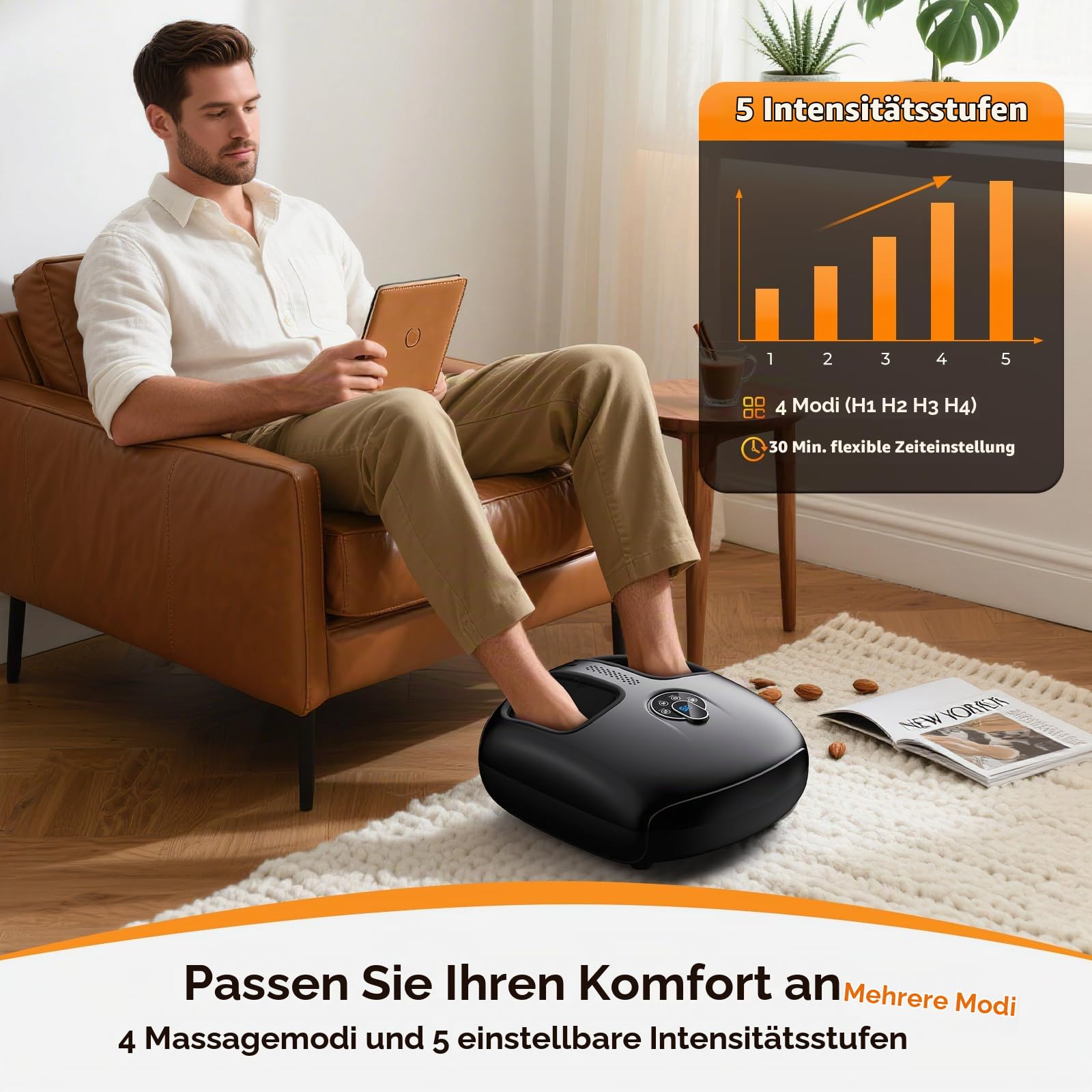 HTM Fußmassagegerät, Fussmassagegerät Elektrisch mit Wärmefunktion, Foot Massager mit Fernbedienung, Shiatsu-Tiefenknetmassage, 4 Massagemodi (Vibration/Kompression/Rollen),Bis Schuhgröße 46