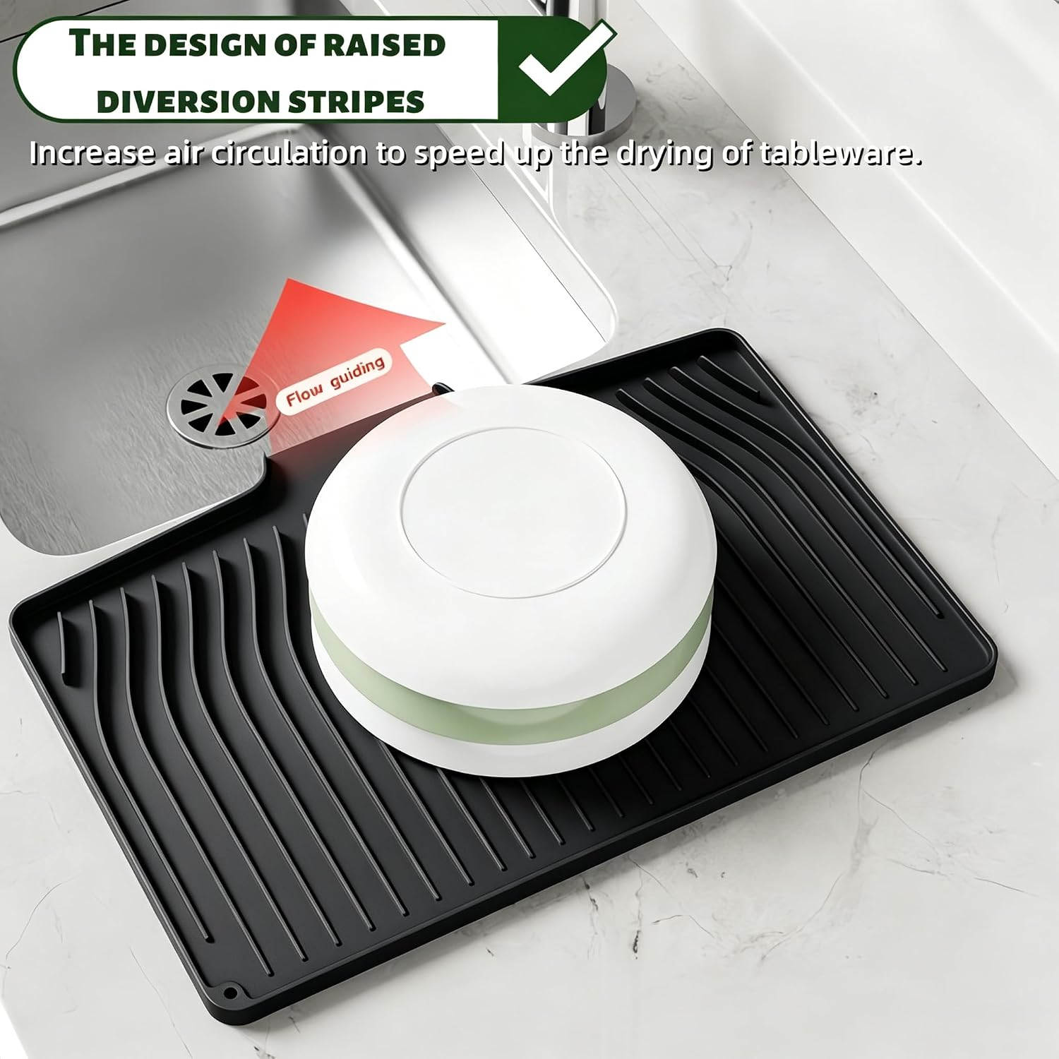 CIEO Silicone Dish Drying Mat for Kitchen Counter, Slope Fast Self-Draining, Non-Slip Drain Pad, Easy Clean Countertop Protection Mat, Multiple Use for Dishes Drying Rack（18.9"x 11.9",Black）