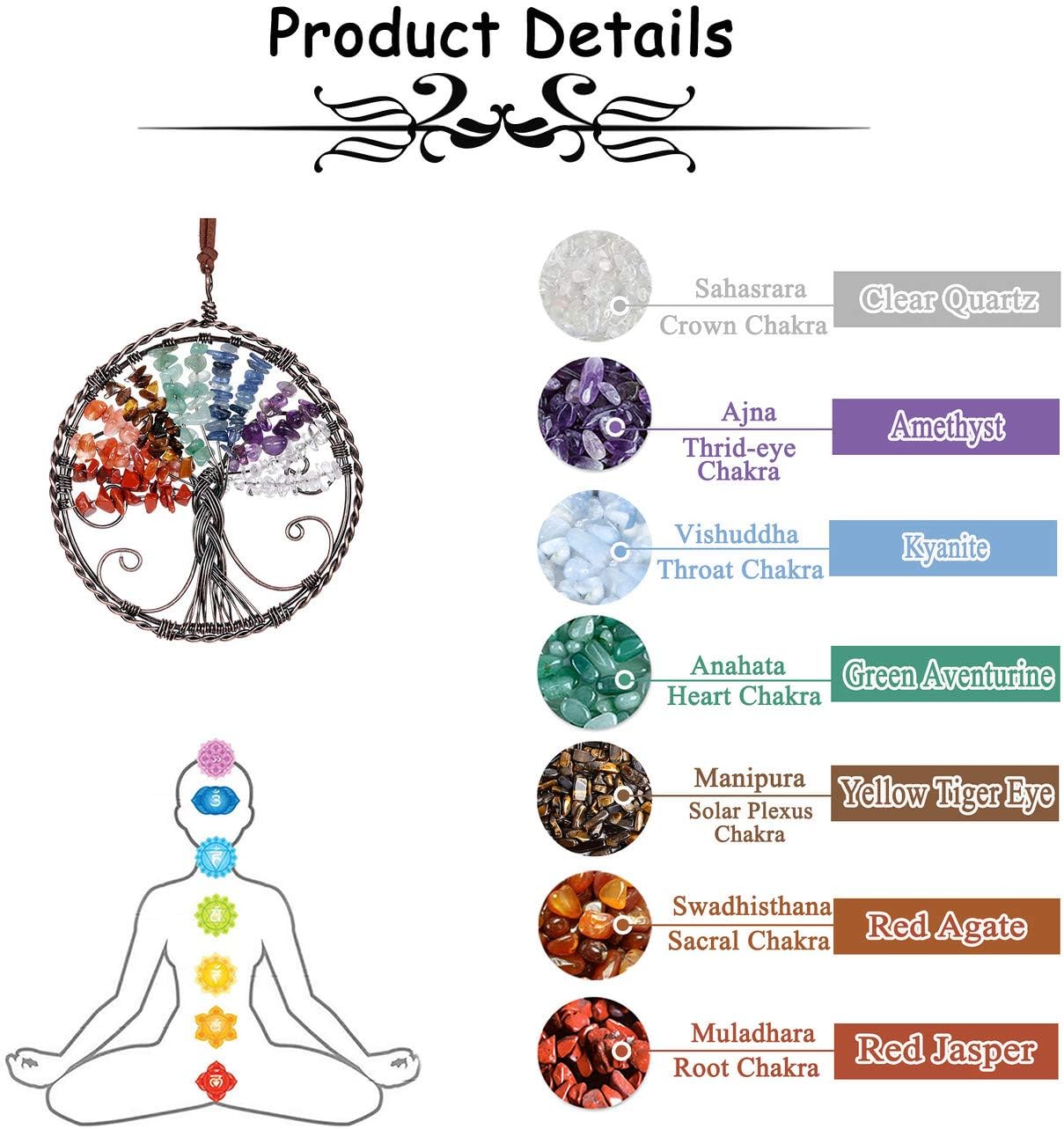 PESOENTH Chakra Crystal Tree of Life Wall Hanging Decor Gifts for Women,Chakra Stones Healing Crystals Window Feng Shui Home Hanging Decorations Car Ornaments Christmas Tree Decor image 4