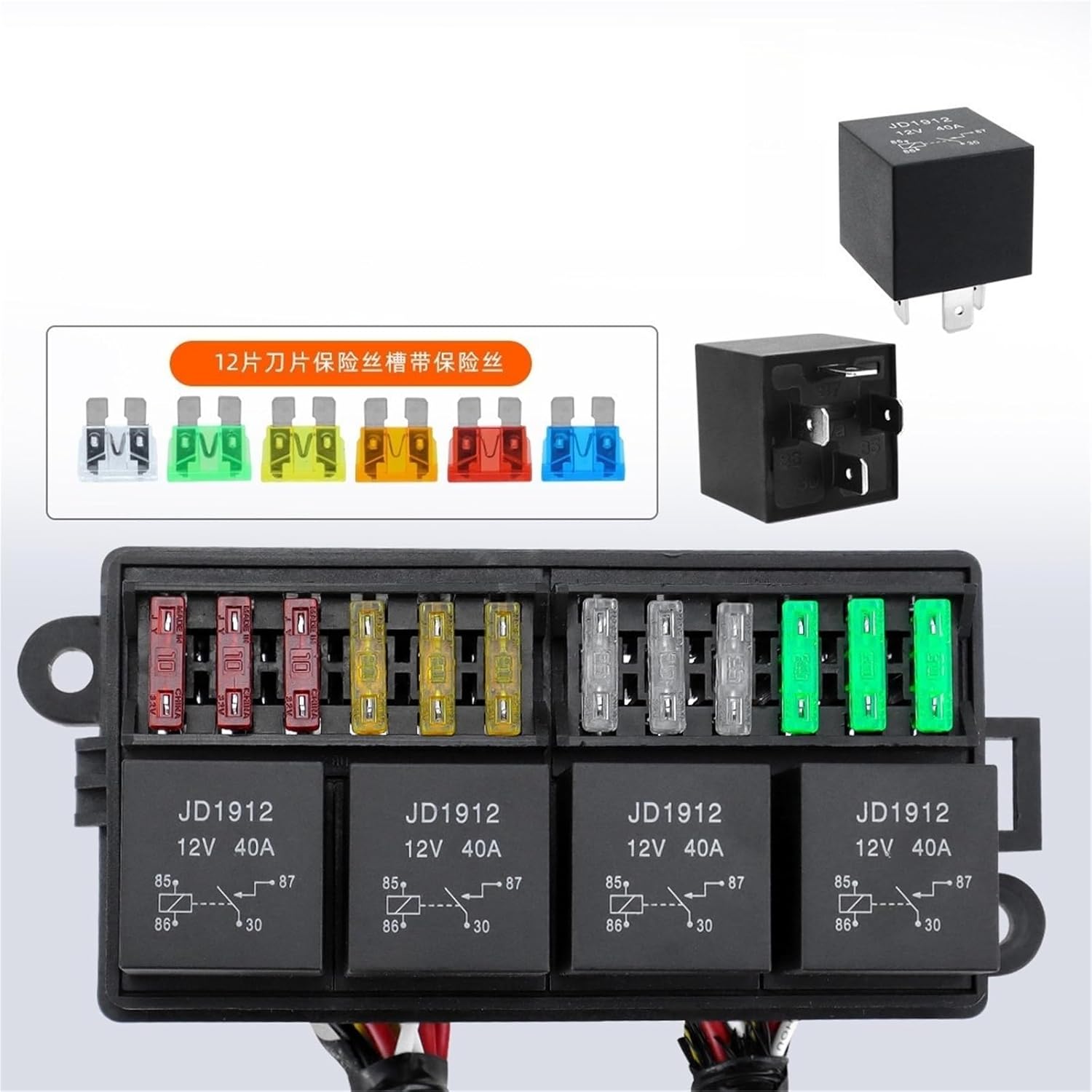12V Fuse Relay Holder 40A with 4 Relay Blocks JD1912 and 12 Way Fuse Pre-Wiring Central Control Box Fuse Adapter