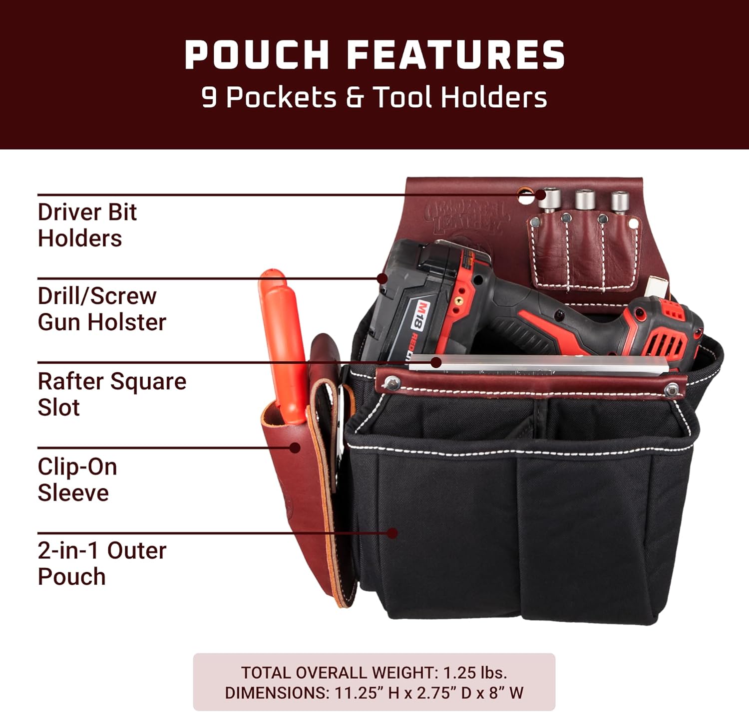 Occidental Leather Impact/Screw Gun and Drill Bag - 9 Pockets & Tool Holders - Made in USA