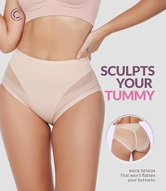 CURVEEZ High Waisted Tummy Control Stripe Lace Underwear, Shapewear Panties for Women, Thong for FUPA Control