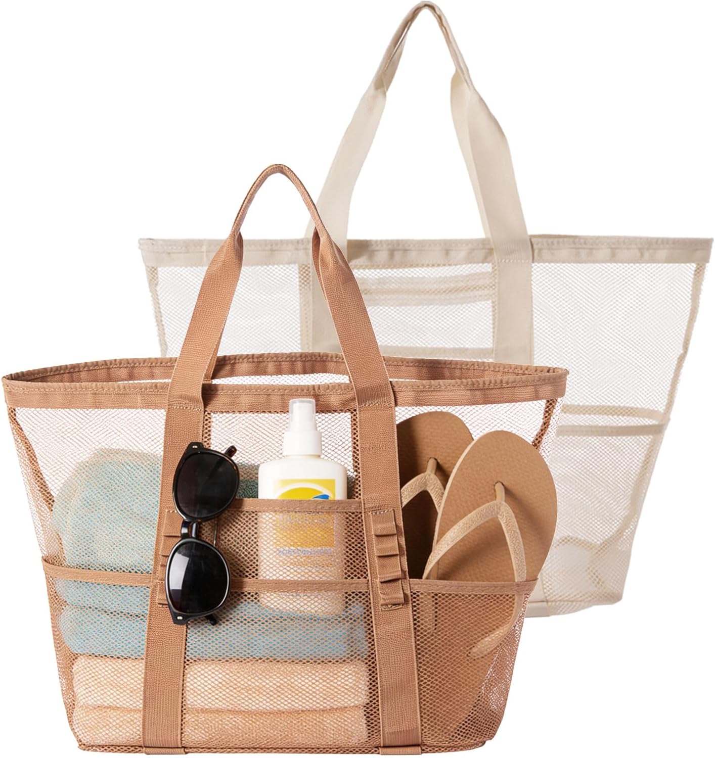 2 PCS Mesh Beach Bag, Women Casual Hobo Bags, Large Beach Tote Bag with Zipper for Travel Vacation Pool Cruise Essentials