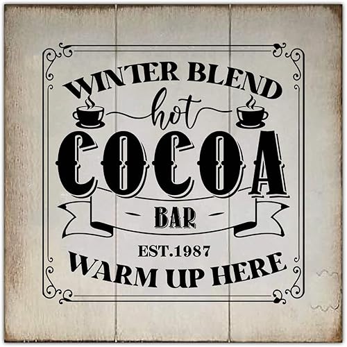 Letrero de madera de estilo rústico de 16 x 16 pulgadas con temática de cacao caliente mezcla de invierno Est 1987 barra de cacao caliente placa de
