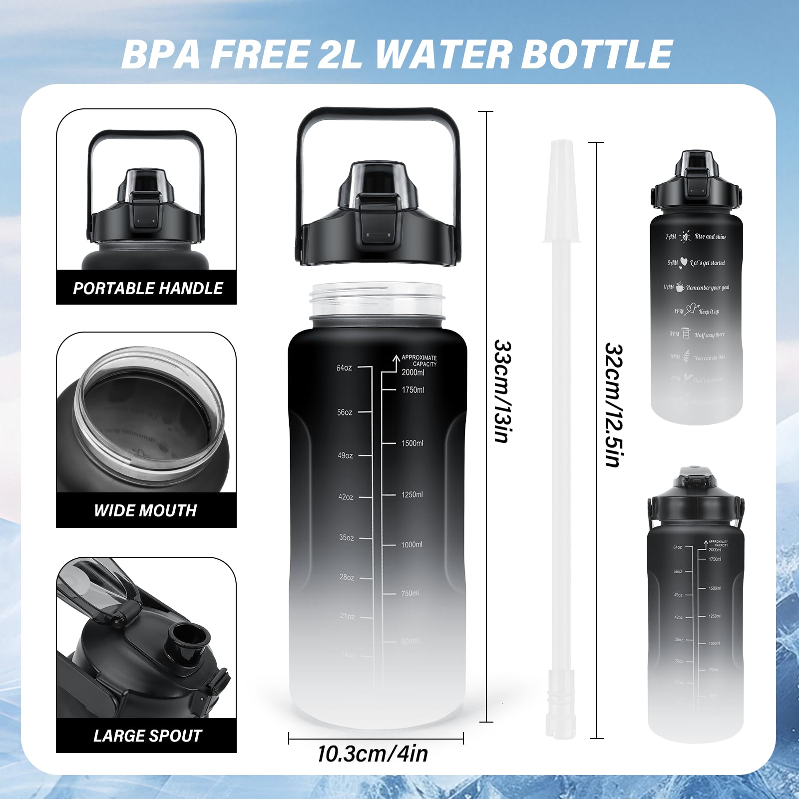 Bottiglia Termica 2 Litri Borraccia Sportiva 2 Litri KETIEE - Senza BPA, Indicatore Tempo, Cannuccia, A Prova Di Perdite Borraccia 2l