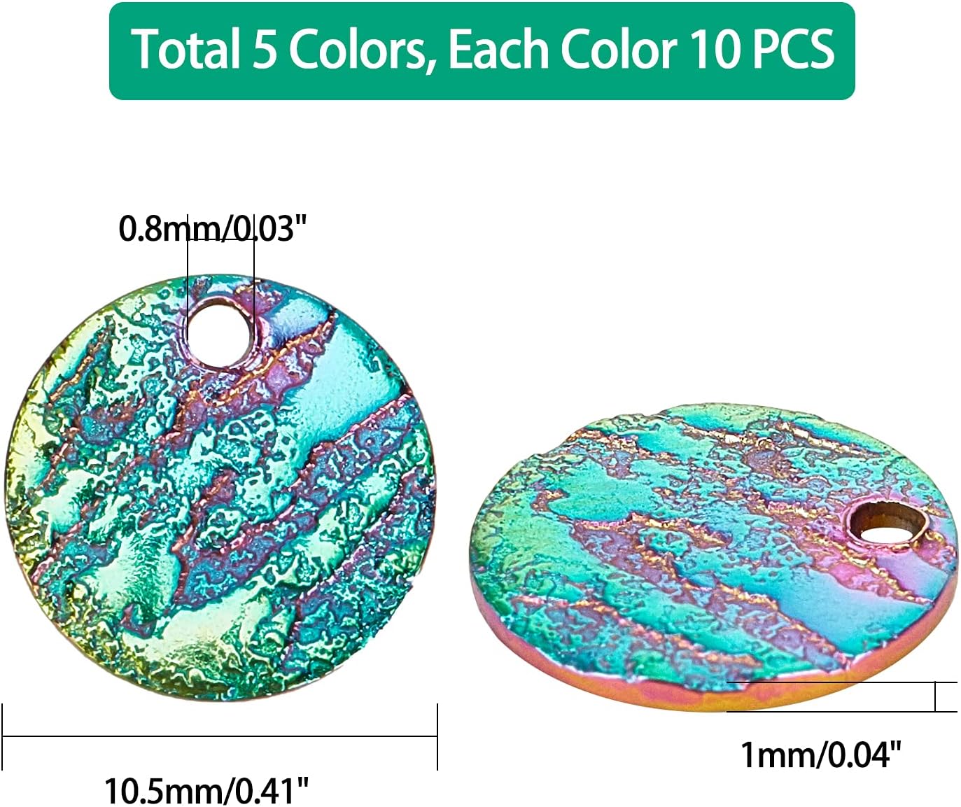 PH PandaHall 50pc 5 Colors 10.5mm Stainless Steel Flat Round Pendants, Blank Message Word Tag Pendants Round Charms with Textured Pattern for Bracelet Earring JewelryGift Making - Image 2