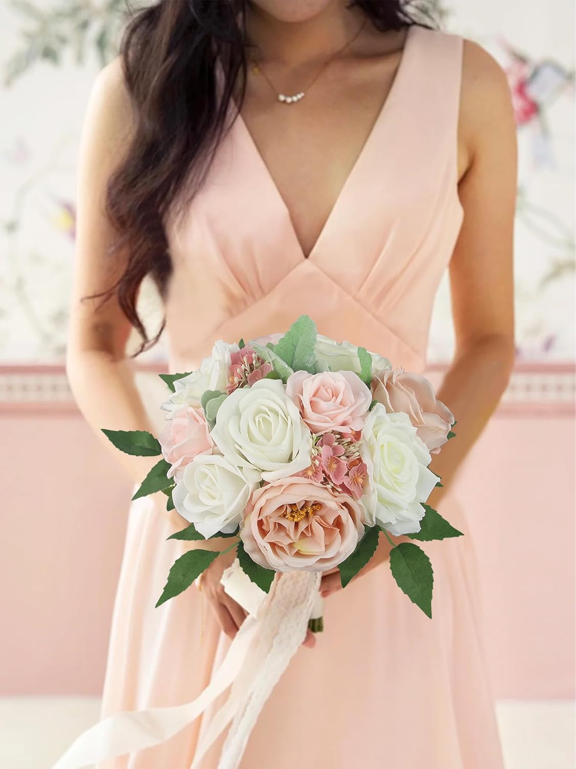 Rinlong 1Pc Pink White Bridesmaids Bouquet Artificial Wedding Bouquets for Bridesmaid Silk Bouquet for Wedding Prom Homecoming