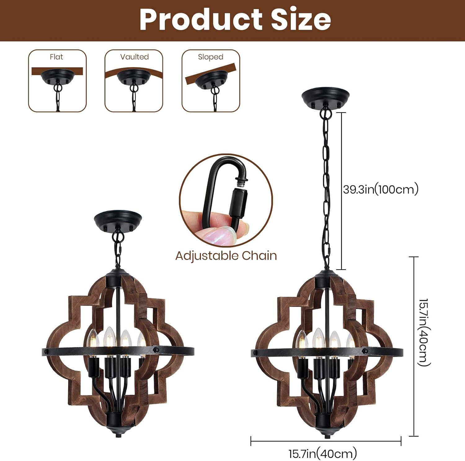 KEESFU 4-Light Rustic Chandeliers for Dining Room, Farmhouse Wood & Black Metal Pendant Light Fixture, Adjustable Height Vintage Ceiling Light for Kitchen Island, Entryway, Bedroom