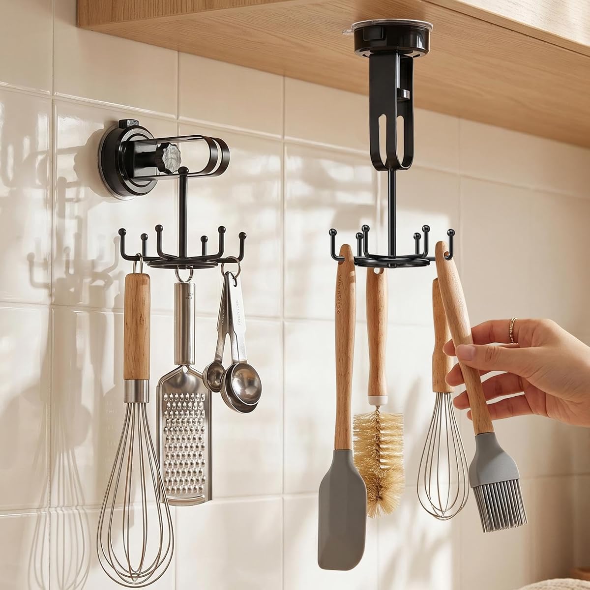 Paquete de 2 ganchos para utensilios de cocina con ventosa al vacío con 6 ganchos, [hasta 11 libras] ganchos de cocina debajo del gabinete con rotación de 360°, estante para colgar utensilios para cocina, dormitorio, baño, vidrio